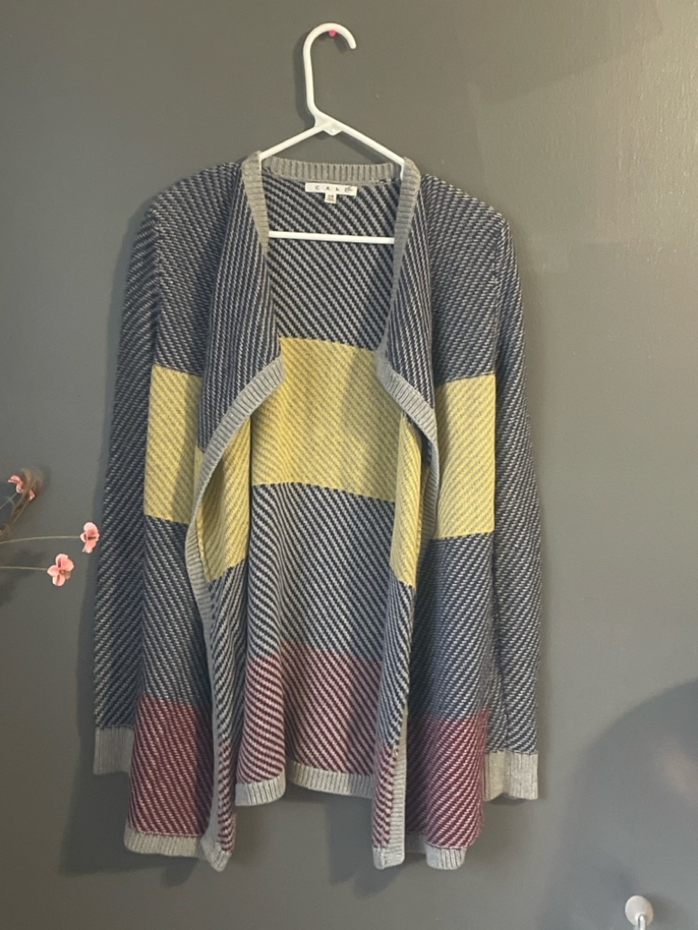 Cabi Cardigan XS Open Front Colorblock Sweater Gray Yellow Burgundy Lightweight